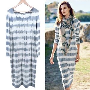 Peruvian Connection Beachcomber Tie Dye Midi Dress Sz L Gray White Jersey Knit